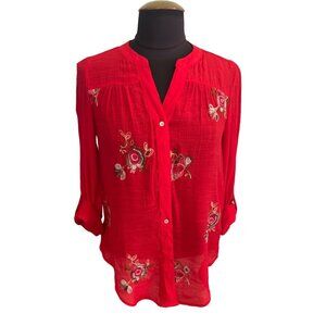 Zac & Rachel Petite Women's Embroidered Flowers Red Button-Down Blouse PS
